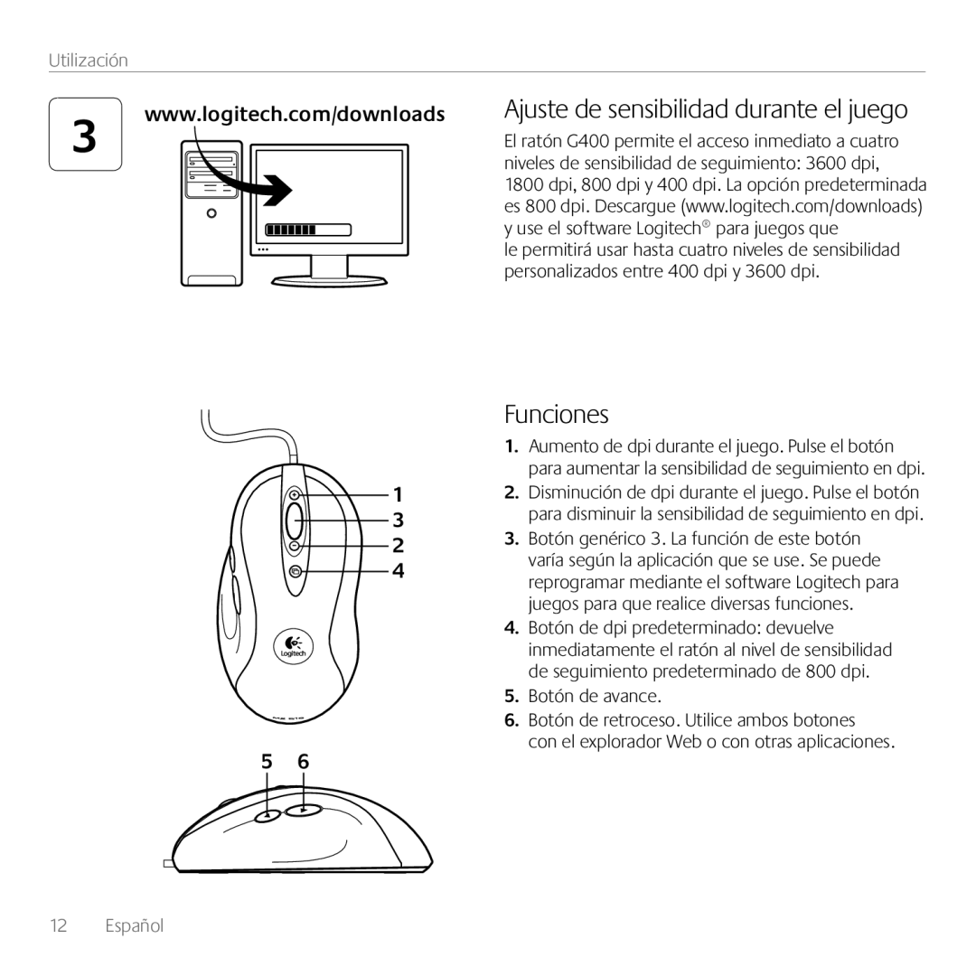 Logitech G400 manual Funciones, Ajuste de sensibilidad durante el juego, Utilización, Español 